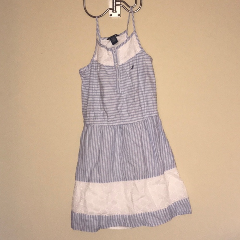 Blue and white striped dress with lace